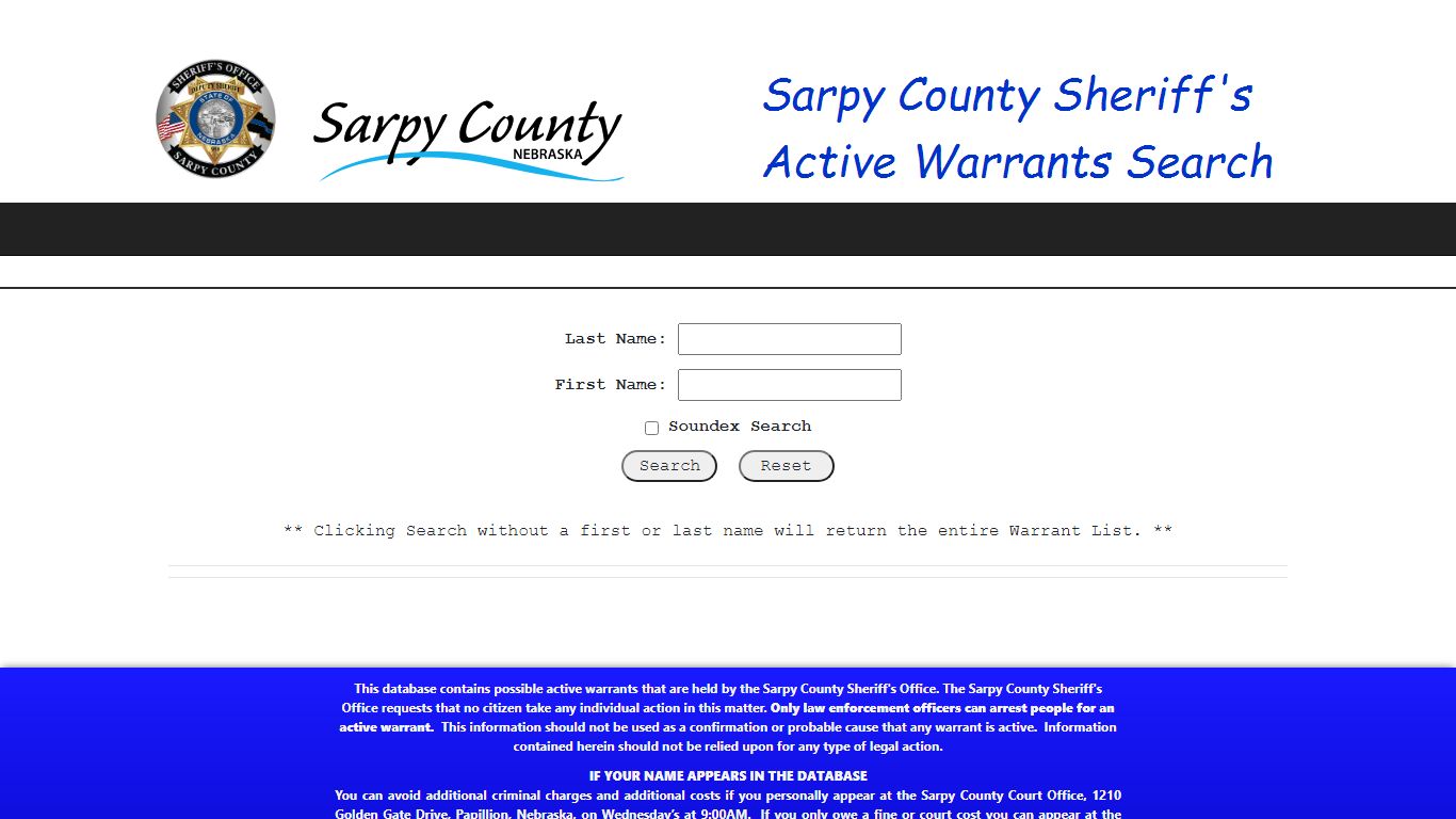 Sarpy County Sheriff's Department - Active Warrant Search